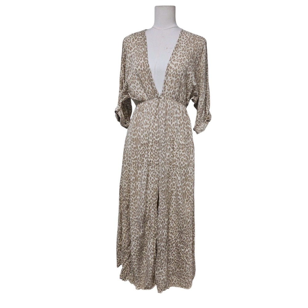 Girl and the Sun Leopard Print Maxi Dress Tan V-Neck Elastic Waist Small